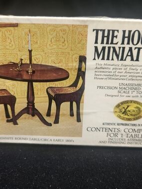 X-acto Hepplewhite Brown Wood Round Table & Chairs Miniatures/Circa Early 1800s